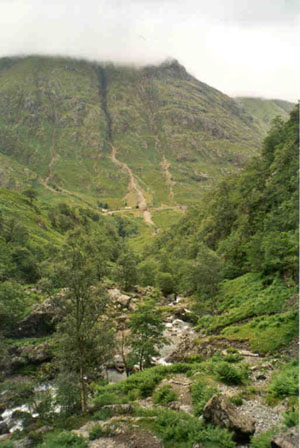 Blick vom Weg hinunter ins Glen Coe